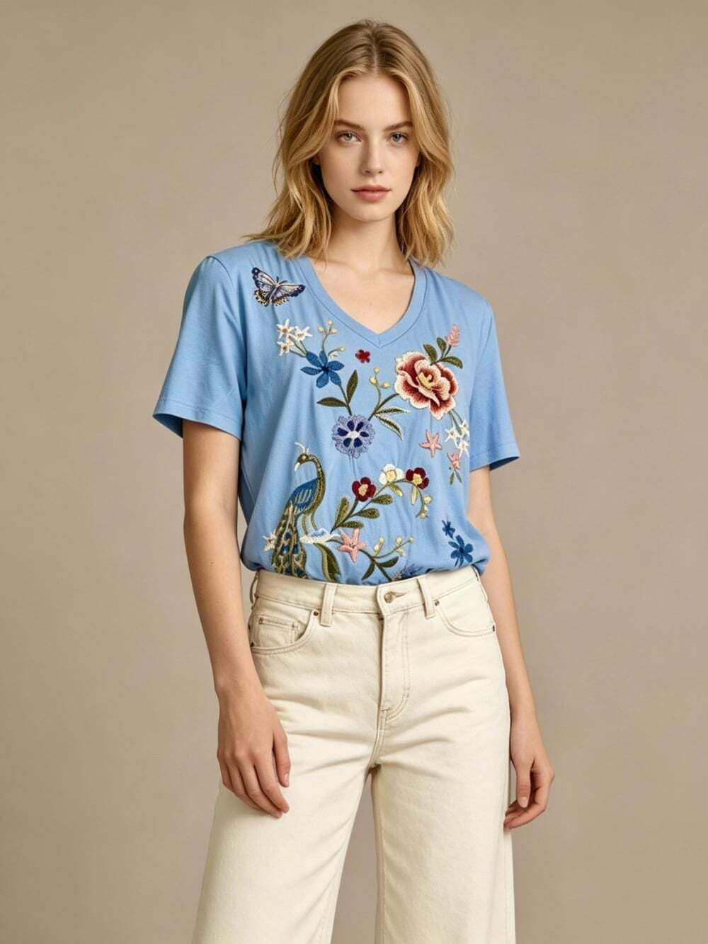 NWOT JOHNNY WAS Short Sleeve Cotton Embroidered Tee Top Blue T-Shirt Size M